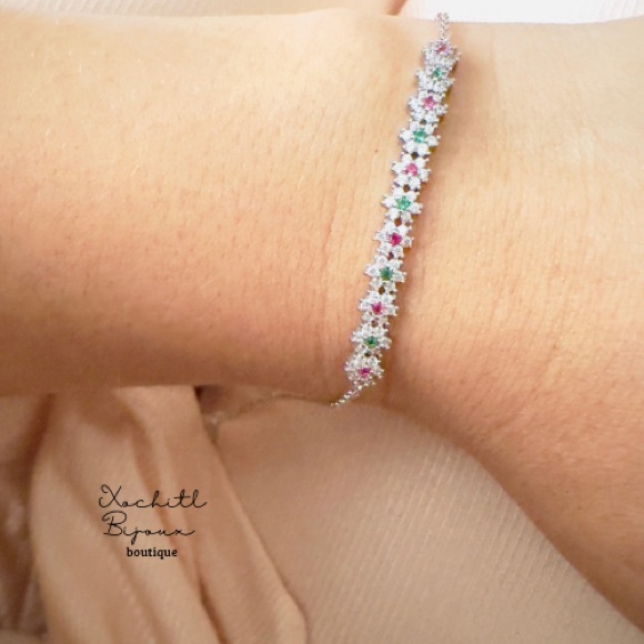 Sterling Silver  Emerald&Ruby Cubic Zirconia Flower Bracelet - Picture 7 of 16